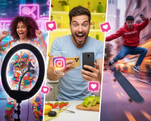 Vertical triptych showing three panels: a woman with a ring light, a man filming food with two phones, and a man doing a skateboard trick, all related to social media content and video creation.
