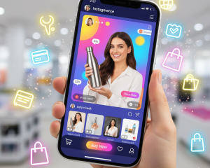 Hand holding a phone displaying a live shopping stream on an app called "Instagmerce," surrounded by floating e-commerce icons.