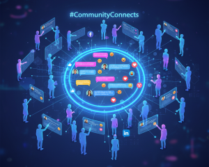Isometric illustration: People connected in a circle by a glowing digital network, sharing messages and social media reactions. Hashtag: #CommunityConnects.