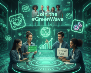 Illustration of diverse young professionals in a futuristic, green-lit setting, discussing sustainability and eco-friendly marketing. Sign says "eco-friendly future," with a screen that reads: "Join the #GreenWave".