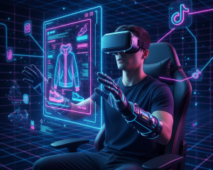 Man wearing a virtual reality headset and haptic gloves, interacting with a glowing AR/VR e-commerce screen displaying a neon hoodie and sneakers in a futuristic grid.