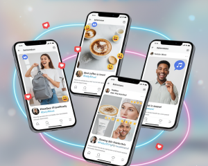 Four mobile phones floating together, displaying different social media influencer content for coffee, lifestyle, and skincare reviews, with likes and reactions.