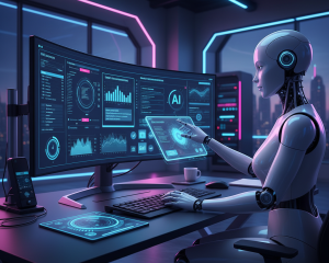 
AI robot sitting at a curved monitor, interacting with futuristic data dashboards, charts, and an AI interface in a neon-lit office.