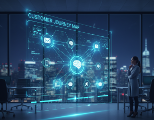 A person observes a glowing holographic customer journey map with connected touchpoints and AI nodes for real-time tracking.