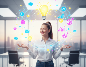 A happy digital marketer with arms open, surrounded by glowing AI icons, charts, and a light bulb for new ideas.