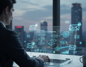 Alt text suggestion: A person works on a laptop displaying a glowing holographic interface for AI-powered email marketing automation with charts and envelopes.