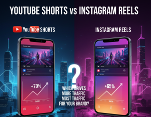 Infographic comparing YouTube Shorts and Instagram Reels for traffic, showing two phones with percentage growth charts.
