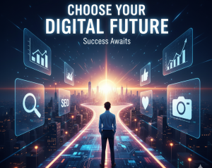 Illustration of a man on a glowing digital path leading to a futuristic city, surrounded by holographic icons for **Digital Marketing and SEO**.