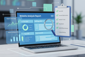 3D render: Laptop displaying a **Website Analysis Report** dashboard and a clipboard with an **SEO Checklist**.