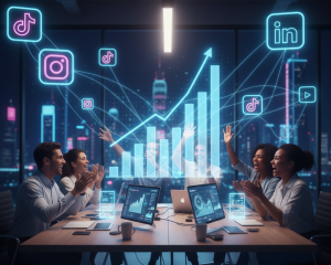 Professionals cheering around a conference table in a modern office, with a glowing growth bar chart and holographic social media icons (TikTok, Instagram, LinkedIn).