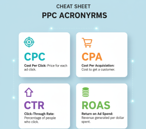 Infographic showing common PPC acronyms like CPC, CPA, CTR, and ROAS with icons.