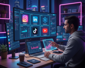 Man managing a Social Media Analytics Dashboard on multiple screens, showing metrics for Instagram, LinkedIn, TikTok, and YouTube in a neon-lit office.