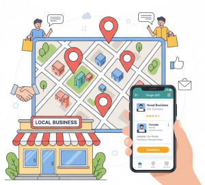 Illustration: Local SEO concept with a map, pinpoints, a small business storefront, and a mobile phone displaying a Google Business Profile listing.