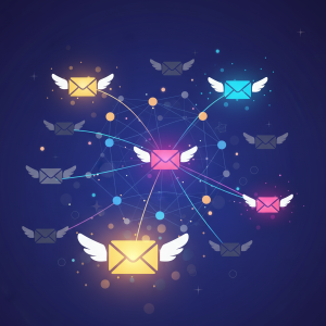 Glowing, winged email icons reconnecting to a central network, symbolizing the re-engagement of inactive subscribers with bright, hopeful tones.