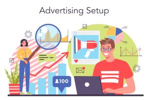  People forming a business on the internet. E-commerce, the idea of digital sale. Advertising setup. 