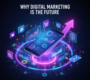 Futuristic digital world with smartphones, social media networks, e-commerce icons, AI tools, growth charts.
