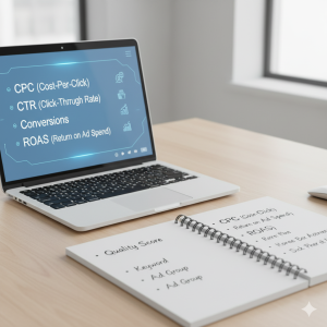 Notebook and laptop displaying PPC terms like CPC, CTR, conversions, ROAS, digital glossary concept, minimal clean design.