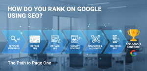 A vibrant infographic showing the SEO ranking process on Google, with stages like "Keyword Research," "Content Creation," "On-Page SEO," "Backlinks," and a trophy icon representing the final #1 rank on a search results page.