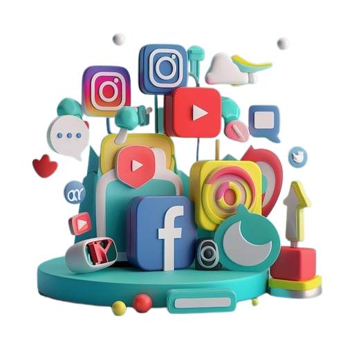 3D illustration of major social media icons like Facebook, Instagram, and YouTube on a pedestal.
