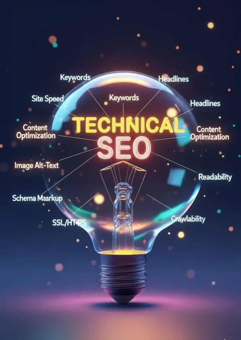 Graphic showing the technical SEO elements like Alt-Text, Content Optimization, Readability, and SSL/HTTPS.
