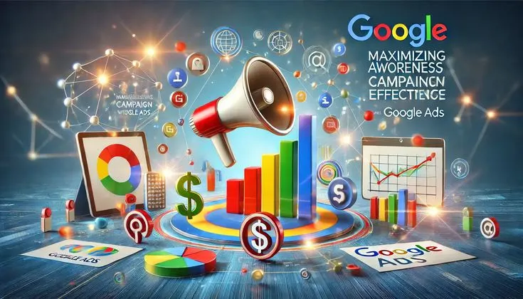 A digital illustration of marketing and awareness, featuring a megaphone on a column graph, pie charts, and the Google Ads logo.