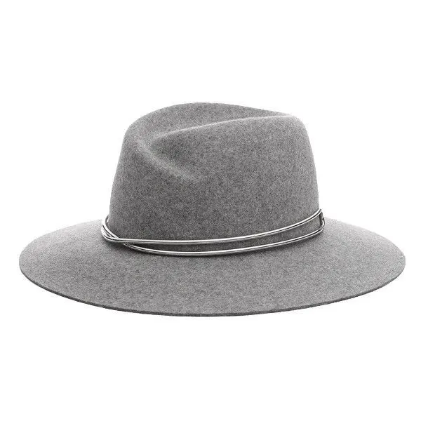grey hat with a grey string type ribbon in the centre.